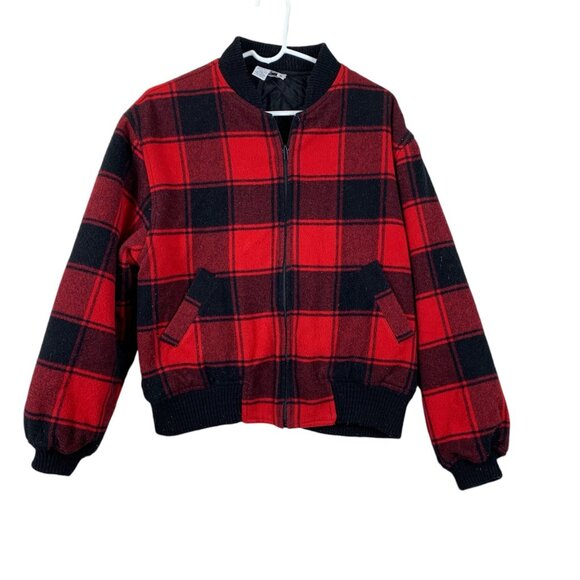 Vintage Russ Studio Women’s Red Black Buffalo Plaid Wool Bomber Jacket - Size Sm - Picture 1 of 7